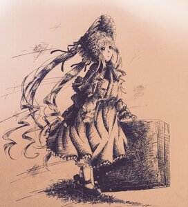 Rating: Safe Score: 0 Tags: 1girl brown_theme dated dress image long_hair long_sleeves monochrome shinku solo standing traditional_media twintails very_long_hair User: admin