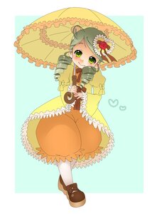 Rating: Safe Score: 0 Tags: 1girl blush dress drill_hair flower frills full_body green_eyes green_hair hat holding_umbrella image kanaria long_sleeves pantyhose parasol rose smile solo twin_drills umbrella white_legwear User: admin
