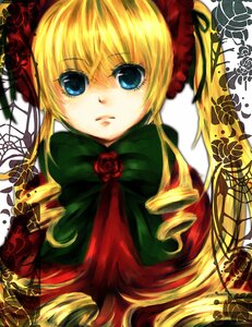 Rating: Safe Score: 0 Tags: 1girl blonde_hair blue_eyes bow bowtie dress drill_hair flower green_bow image long_hair looking_at_viewer rose shinku simple_background solo twintails upper_body white_background User: admin