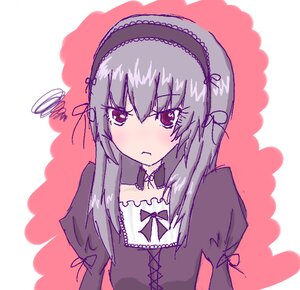 Rating: Safe Score: 0 Tags: 1girl black_wings blush bow dress flower hairband image long_hair long_sleeves looking_at_viewer pink_background simple_background solo squiggle suigintou upper_body wings User: admin