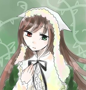 Rating: Safe Score: 0 Tags: 1girl bangs black_ribbon blush brown_hair closed_mouth dress frills green_background green_dress green_eyes heterochromia image long_hair long_sleeves looking_at_viewer neck_ribbon red_eyes ribbon solo suiseiseki upper_body very_long_hair User: admin