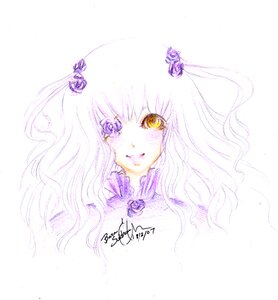 Rating: Safe Score: 0 Tags: 1girl bangs barasuishou eyelashes flower hair_flower hair_ornament image long_hair looking_at_viewer portrait purple_flower purple_rose rose signature solo striped traditional_media vertical_stripes white_background white_hair white_rose yellow_eyes User: admin