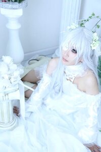 Rating: Safe Score: 0 Tags: 1girl bandages bare_shoulders blurry dress flower hair_ornament kirakishou lips long_hair sitting solo white_flower white_hair white_theme User: admin