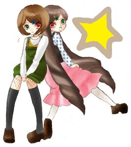 Rating: Safe Score: 0 Tags: 2girls back-to-back brown_hair dress green_eyes image kneehighs multiple_girls pair red_eyes shoes short_hair siblings sisters souseiseki star_(symbol) suiseiseki twins User: admin