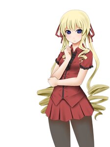 Rating: Safe Score: 0 Tags: 1girl black_legwear blonde_hair blue_eyes blush cowboy_shot drill_hair frown hair_ribbon image long_hair looking_at_viewer pantyhose pleated_skirt ribbon shinku short_sleeves simple_background skirt solo twin_drills twintails white_background User: admin