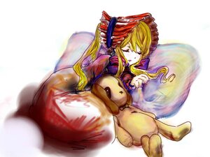 Rating: Safe Score: 0 Tags: 1girl blonde_hair bonnet closed_eyes dress image long_hair long_sleeves lying on_stomach red_dress shinku sleeping solo stuffed_animal teddy_bear twintails User: admin