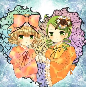 Rating: Safe Score: 0 Tags: 2girls auto_tagged blonde_hair bow dress drill_hair flower green_eyes green_hair hat hina_ichigo hinaichigo holding_hands image juliet_sleeves kanaria long_hair long_sleeves looking_at_viewer multiple_girls pair ribbon short_hair twin_drills User: admin