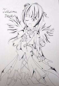 Rating: Safe Score: 0 Tags: 1girl ;d character_name dress greyscale image long_hair looking_at_viewer monochrome one_eye_closed open_mouth ribbon smile solo suigintou traditional_media User: admin