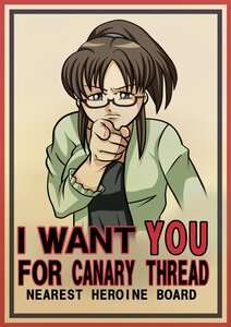 Rating: Safe Score: 0 Tags: 1girl border brown_hair character_name english_text glasses human image kusabue_mitsu long_sleeves looking_at_viewer ponytail solo User: admin