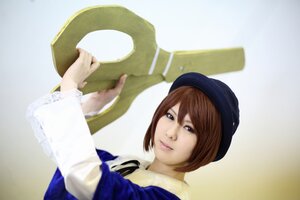 Rating: Safe Score: 0 Tags: 1girl blue_headwear blurry brown_hair closed_mouth hat holding lips long_sleeves looking_at_viewer nose realistic ribbon short_hair solo souseiseki striped upper_body User: admin