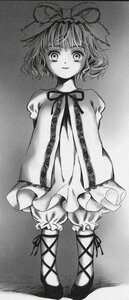 Rating: Safe Score: 0 Tags: 1girl bloomers bow cross-laced_footwear frilled_legwear full_body greyscale hair_ribbon hinaichigo image looking_at_viewer medicine_melancholy monochrome puffy_sleeves ribbon short_hair smile solo standing underwear User: admin