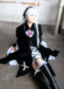 Rating: Safe Score: 0 Tags: 1girl black_footwear boots dress flower frills gothic_lolita lips lolita_fashion long_hair long_sleeves photo rose sitting solo suigintou thigh_boots thighhighs User: admin