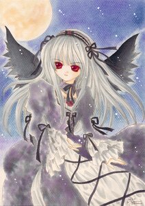 Rating: Safe Score: 0 Tags: 1girl black_ribbon black_wings dress flower frills full_moon hairband image long_hair long_sleeves looking_at_viewer moon red_eyes ribbon silver_hair sky solo suigintou traditional_media watercolor_(medium) wings User: admin