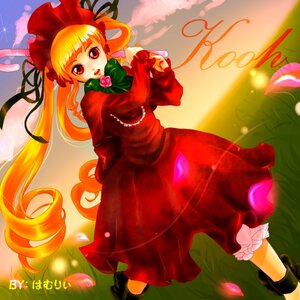 Rating: Safe Score: 0 Tags: 1girl blonde_hair bonnet capelet dress flower image long_hair long_sleeves petals red_dress red_eyes rose shinku sky solo twintails very_long_hair User: admin