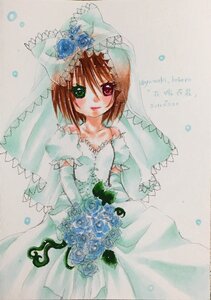 Rating: Safe Score: 0 Tags: 1girl blue_flower blue_rose bouquet bridal_veil bride brown_hair dress elbow_gloves flower gloves green_eyes heterochromia image red_eyes rose short_hair smile solo souseiseki suiseiseki veil wedding_dress yumeki_kokoro User: admin