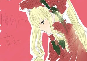 Rating: Safe Score: 0 Tags: 1girl bangs blonde_hair blue_eyes bonnet bowtie flower hat image long_hair looking_afar profile rose shinku simple_background solo upper_body User: admin