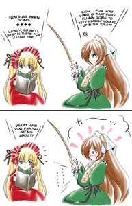 Rating: Safe Score: 0 Tags: 2girls blonde_hair blue_eyes blush book brown_hair comic dress english_text green_dress green_eyes hair_ribbon holding image long_hair long_sleeves multiple_girls open_book pair reading ribbon shinku suiseiseki twintails very_long_hair User: admin