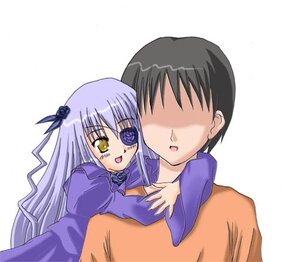 Rating: Safe Score: 0 Tags: 1boy 1girl :d barasuishou blush dress eyepatch faceless faceless_male image long_hair long_sleeves open_mouth simple_background solo white_background yellow_eyes User: admin