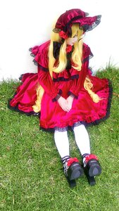 Rating: Safe Score: 0 Tags: 1girl blonde_hair bonnet dress grass hat long_hair long_sleeves red_dress shinku sitting solo white_legwear User: admin