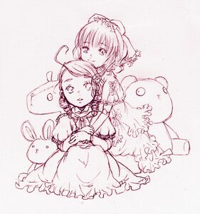 Rating: Safe Score: 0 Tags: 2girls dress hinaichigo hug image kanaria monochrome multiple_girls pair short_hair smile stuffed_animal stuffed_bunny teddy_bear User: admin