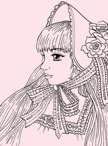 Rating: Safe Score: 0 Tags: 1girl bangs blush bonnet bow flower frills hat hat_flower image lace lolita_fashion long_hair monochrome pink_background pink_theme ribbon rose shinku simple_background solo User: admin