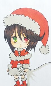 Rating: Safe Score: 0 Tags: 1girl black_hair blush chibi christmas dress fur_trim green_eyes hat heterochromia image long_sleeves looking_at_viewer red_eyes santa_costume santa_hat short_hair solo souseiseki standing User: admin