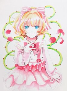 Rating: Safe Score: 0 Tags: 1girl blonde_hair blue_eyes bow flower frilled_shirt frills hair_ribbon hinaichigo image lily_of_the_valley long_sleeves looking_at_viewer medicine_melancholy puffy_sleeves ribbon shirt short_hair skirt smile solo striped traditional_media watercolor_(medium) User: admin