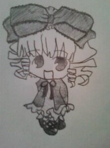 Rating: Safe Score: 0 Tags: 1girl auto_tagged blurry blurry_foreground bow chibi depth_of_field dress drill_hair greyscale hat hinaichigo image long_hair long_sleeves monochrome open_mouth photo solo User: admin