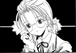 Rating: Safe Score: 0 Tags: 1girl adjusting_eyewear black_background collared_shirt glasses greyscale human long_sleeves looking_at_viewer monochrome neck_ribbon ribbon sakurada_nori shirt solo upper_body User: admin