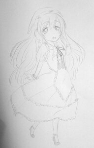 Rating: Safe Score: 0 Tags: 1girl braid dress full_body greyscale image long_hair monochrome open_mouth shoes sketch smile solo standing suiseiseki traditional_media User: admin