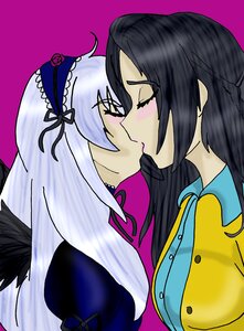 Rating: Safe Score: 0 Tags: 2girls auto_tagged black_wings closed_eyes hairband image juliet_sleeves kakizaki_megu kiss long_hair multiple_girls puffy_sleeves silver_hair simple_background solo suigintou wings yuri User: admin