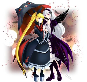 Rating: Safe Score: 0 Tags: 2girls black_umbrella black_wings blonde_hair bow dress frills hairband image lolita_fashion long_hair multiple_girls pair petals red_eyes ribbon shinku silver_hair suigintou twintails umbrella wings User: admin