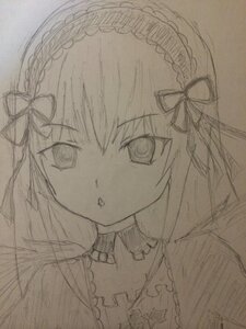 Rating: Safe Score: 0 Tags: 1girl choker eyebrows_visible_through_hair frills greyscale hairband image looking_at_viewer monochrome simple_background solo suigintou traditional_media User: admin