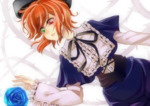 Rating: Safe Score: 0 Tags: 1girl blue_flower blue_rose capelet flower frills green_eyes hat heterochromia image long_sleeves red_eyes ribbon rose short_hair solo souseiseki User: admin