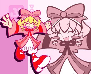 Rating: Safe Score: 0 Tags: 1girl 2girls :d ^_^ blonde_hair bow closed_eyes commentary_request dress drill_hair full_body hina_ichigo hinaichigo ikasui_(okakenn1224) image long_sleeves multiple_girls open_mouth parody photoshop_(medium) pink_bow puyopuyo puyopuyo_fever ribbon rozen_maiden smile solo striped style_parody twin_drills zoom_layer User: admin