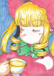 Rating: Safe Score: 0 Tags: 1girl bangs blonde_hair bonnet closed_eyes cup drill_hair flower hat image long_hair marker_(medium) pink_headwear rose shinku sidelocks solo teacup traditional_media twin_drills upper_body User: admin