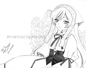 Rating: Safe Score: 0 Tags: 1girl dress eyebrows_visible_through_hair flower frills greyscale image long_hair long_sleeves looking_at_viewer monochrome neck_ribbon ribbon solo suiseiseki very_long_hair User: admin