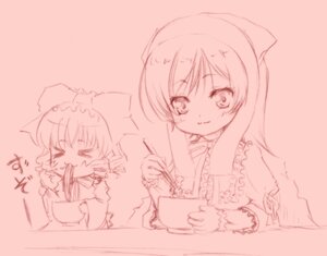 Rating: Safe Score: 0 Tags: 2girls blush bow chopsticks closed_eyes eating eyebrows_visible_through_hair hinaichigo holding image long_hair long_sleeves monochrome multiple_girls pair short_hair smile suiseiseki User: admin