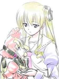 Rating: Safe Score: 0 Tags: 2girls blonde_hair blue_eyes dress image long_hair long_sleeves looking_at_another multiple_girls school_uniform shinku simple_background solo upper_body white_background User: admin