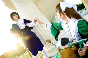 Rating: Safe Score: 0 Tags: 2girls apron brown_hair dress green_dress long_sleeves maid multiple_cosplay multiple_girls standing suiseiseki tagme User: admin