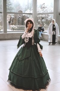 Rating: Safe Score: 0 Tags: brown_hair dress hat long_hair long_sleeves looking_at_viewer multiple_girls solo standing suiseiseki window User: admin