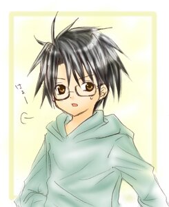Rating: Safe Score: 0 Tags: 1boy bangs black_hair brown_eyes glasses human long_sleeves looking_at_viewer open_mouth sakurada_jun solo striped sweatdrop upper_body User: admin