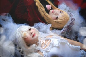 Rating: Safe Score: 0 Tags: 2girls blonde_hair blue_eyes dress flower lips long_hair looking_at_viewer multiple_cosplay multiple_girls realistic rose tagme white_flower white_hair User: admin