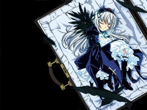 Rating: Safe Score: 0 Tags: 1girl black_wings closed_eyes coffin cross dress flower frills gothic_lolita hairband image lolita_fashion lolita_hairband long_hair long_sleeves lying on_back ribbon rose silver_hair solo suigintou very_long_hair wings User: admin