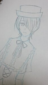 Rating: Safe Score: 0 Tags: 1girl closed_mouth frills hair_over_one_eye hat image long_sleeves looking_at_viewer monochrome ribbon short_hair simple_background solo souseiseki traditional_media upper_body User: admin