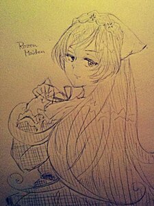 Rating: Safe Score: 0 Tags: 1girl dress flower head_wreath image long_hair long_sleeves looking_at_viewer monochrome photo sketch smile solo suiseiseki tiara traditional_media very_long_hair User: admin