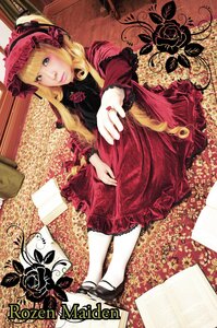 Rating: Safe Score: 0 Tags: 1girl blonde_hair blue_eyes bonnet dress flower jewelry lips lolita_fashion long_hair red_dress ring rose shinku shoes sitting solo User: admin