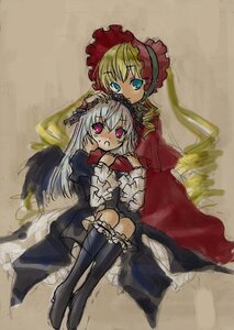 Rating: Safe Score: 0 Tags: 2girls blonde_hair blue_eyes dress frills hairband hug image knee_boots long_hair multiple_girls pair red_dress shinku silver_hair sitting suigintou wings User: admin