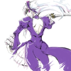 Rating: Safe Score: 0 Tags: 1girl dress frills image lolita_hairband long_hair long_sleeves purple_eyes smile solo suigintou sword weapon User: admin