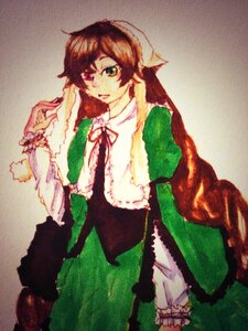 Rating: Safe Score: 0 Tags: 1girl brown_hair dress frills green_dress green_eyes head_scarf image long_hair long_sleeves ribbon solo suiseiseki User: admin